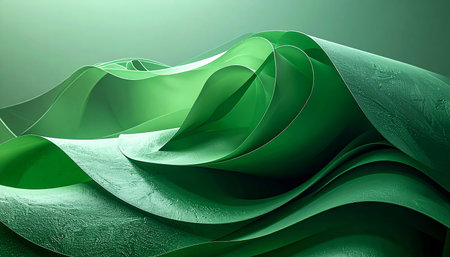 Abstract flowing green waves with textured surfaces and subtle lighting creating organic shapes and layers.の素材