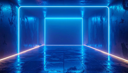 A blue neon square tunnel with textured walls and subtle orange light accents. Clear details and vibrant colors enhan...の素材