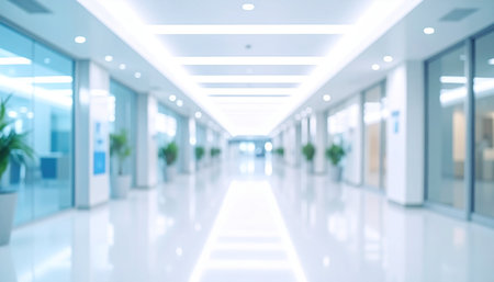 Blurred perspective of a modern bright office hallway with potted plants and symmetrical design.の素材