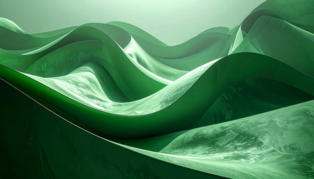 An abstract deep green landscape with undulating waves and textured surfaces creates a visually rich background.の素材