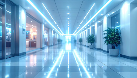 A futuristic, blue-lit corridor with potted plants and a highly reflective floor. Clear details and vibrant colors en...の素材