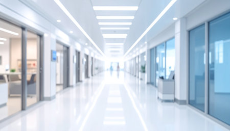 A bright, blurred modern hospital corridor with glass doors, a white reflective floor, and overhead lights.の素材