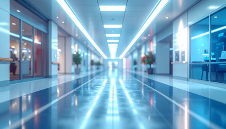 A long, bright blue illuminated corridor in a modern office building with a highly reflective floor.の素材