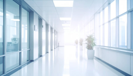A bright and airy modern office hallway with large windows letting in natural light and potted plants.の素材