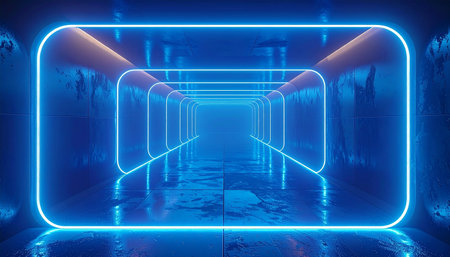 An endless futuristic blue neon corridor with orange accents and a wet floor reflecting the lights.の素材
