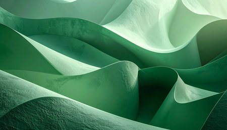 Flowing green waves with textured surfaces and subtle gradient lighting create a sense of organic motion.の素材