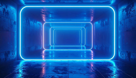 A blue neon rectangular tunnel with textured walls and a wet, reflective floor. Clear details and vibrant colors enha...の素材