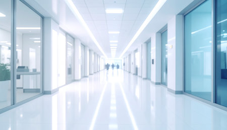An empty modern hospital hallway with glass walls and bright overhead lighting, showing distant figures.の素材