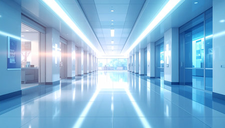 Medical showing futuristic bright blue hospital corridor with reflective floor and modern lighting keywords:...の素材