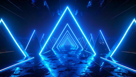 An endless tunnel formed by glowing blue triangular pyramids reflects on a wet, dark, textured floor.の素材
