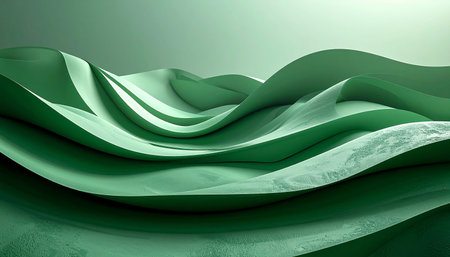 Serene green abstract landscape featuring gentle waves and soft lighting, creating a calming and flowing visual.の素材