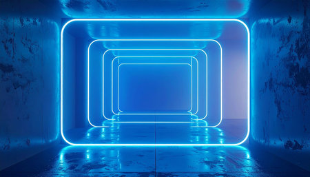 A series of glowing blue neon rectangular frames recede into the distance down a dark, wet corridor.の素材