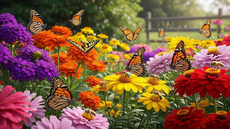 Butterflies on colorful flowers in the garden, nature background.の素材