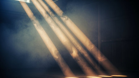 Digital composite of Sunbeams and smoke coming out of dark roomの素材