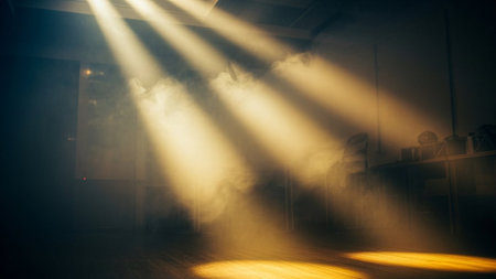 abstract scene of a foggy dark room with rays of lightの素材