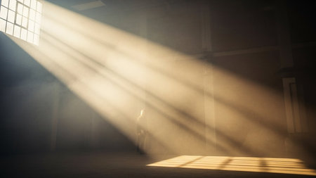 Sun rays passing through the window in an empty room. 3d renderingの素材