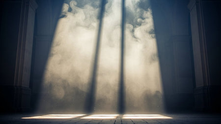 Mysterious dark room with light rays coming out of the windowの素材