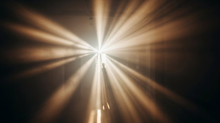 Blurred image of a man walking in a tunnel with light raysの素材