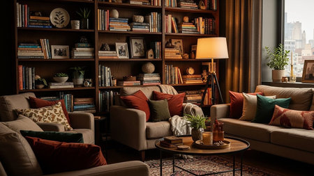 Cozy living room interior with bookshelves, coffee table and comfortable sofaの素材
