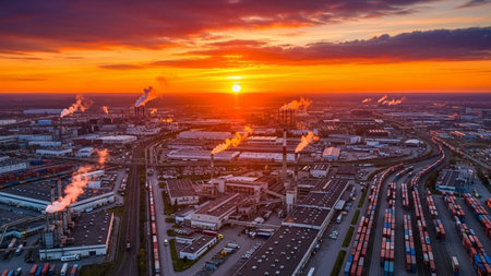 Aerial view of industrial zone at sunset. Industrial zone with factory chimneysの素材