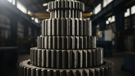 Industrial metal gears in a factory. Industrial background. Selective focus.の素材