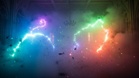 3D render of lightning in a dark room with smoke and fogの素材