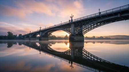 A panoramic shot of a bridge over a river at sunriseの素材
