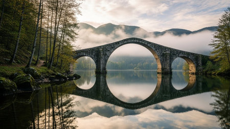 A beautiful shot of a bridge reflecting in a lake with mountains in the backgroundの素材