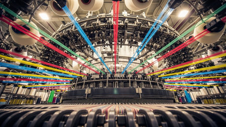 Textile factory - spinning machine. Industrial background. Textile industry.の素材