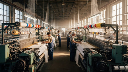 Production line of the cotton factory. Textile industry. Industrial backgroundの素材