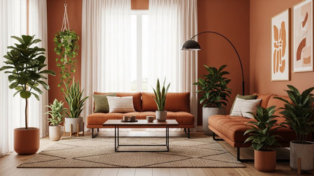 Interior of living room with orange sofa, coffee table and plants. 3d renderの素材