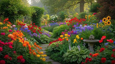 Colorful flowerbed in the morning sunlight. Beautiful summer landscape.の素材