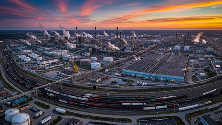 Aerial view of industrial area with trains and power plant at sunsetの素材