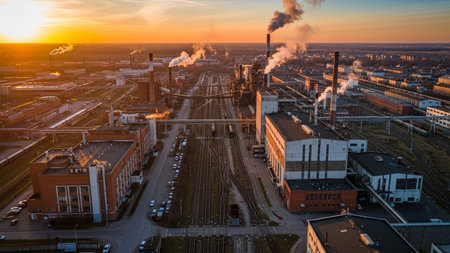 Aerial view of power plant with smoking chimneys at sunset.の素材