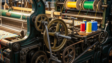 Detail of a spinning machine in a textile factory in the Netherlandsの素材
