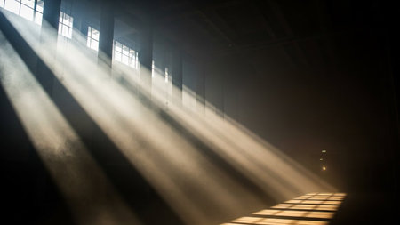 rays of light through the window in a dark room with wooden floorの素材