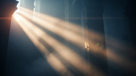 Sun rays shining through the window of a church in the morning.の素材