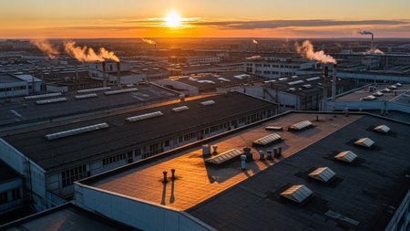Aerial view of a factory with smoking chimneys at sunset.の素材