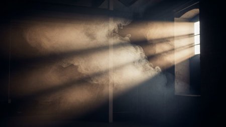 Mysterious dark room with smoke and sunlight. Horror concept.の素材
