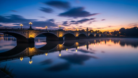 A long exposure of the bridge over the Vltava river at sunset.の素材