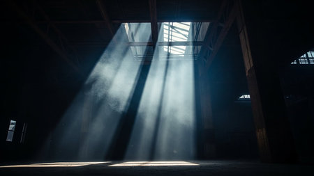 The rays of the sun illuminate the interior of an industrial building.の素材