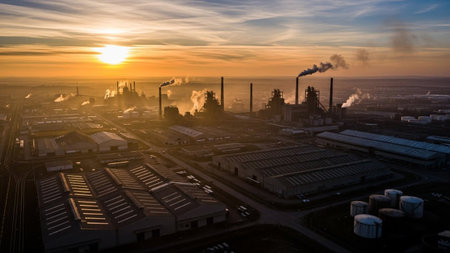 Aerial view of petrochemical plant with smoking chimneys at sunsetの素材