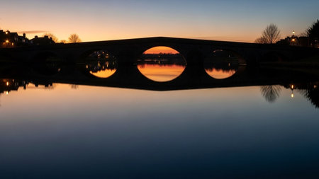 Bridge reflected in the water at sunset, Gloucestershire, Englandの素材