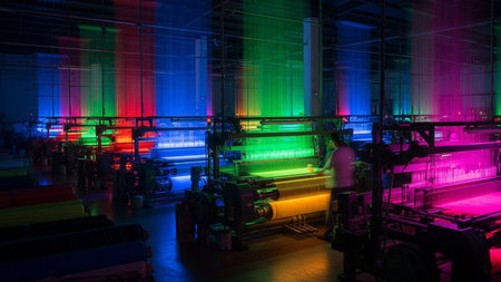 Silhouette of a textile factory with multicolored light.の素材