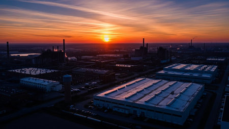 Aerial view of the city of Dusseldorf at sunset, Germanyの素材
