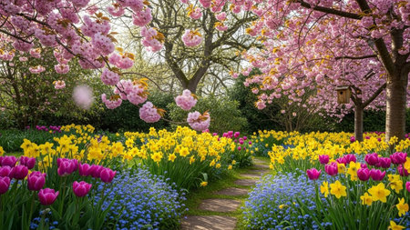 Spring garden with tulips, daffodils and other flowersの素材