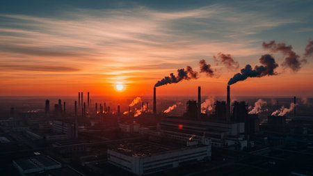 Aerial view of power plant with smokestacks at sunriseの素材