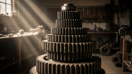 Gear wheels in the workshop. Selective focus. Toned.の素材