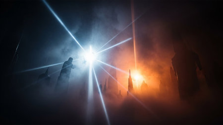 Futuristic cityscape with neon lights and smoke. 3d renderingの素材