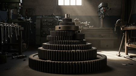 Gear wheel in a factory. 3d rendering, 3d illustration.の素材